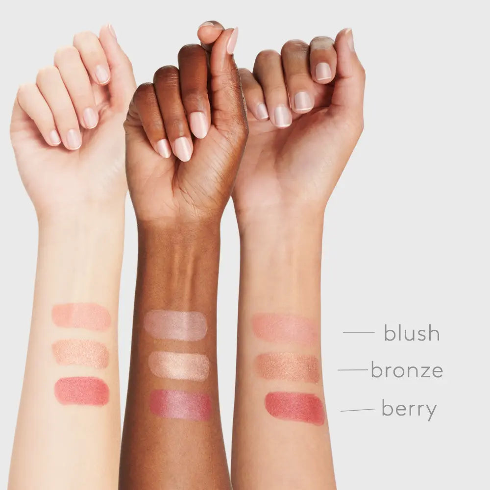 three women arms of Fair Medium and Deep skin tone with each shade of Sunforgettable® Total Protection™ Color Balms SPF 50 - Berrry, Bronze and Blush || all