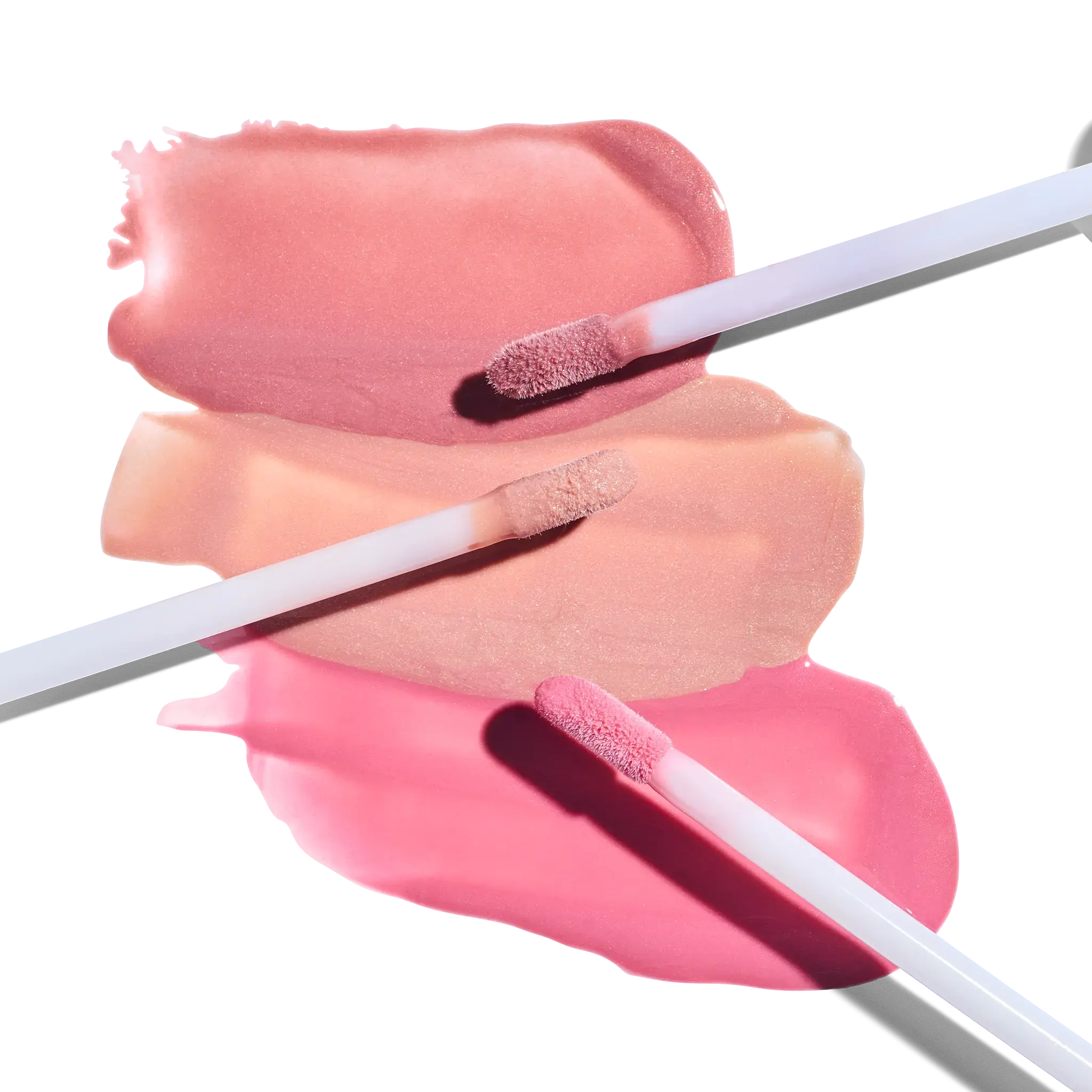Peptide Lip Shine SPF 30 Rose, Champagne, Pink swatches with applicator || all
