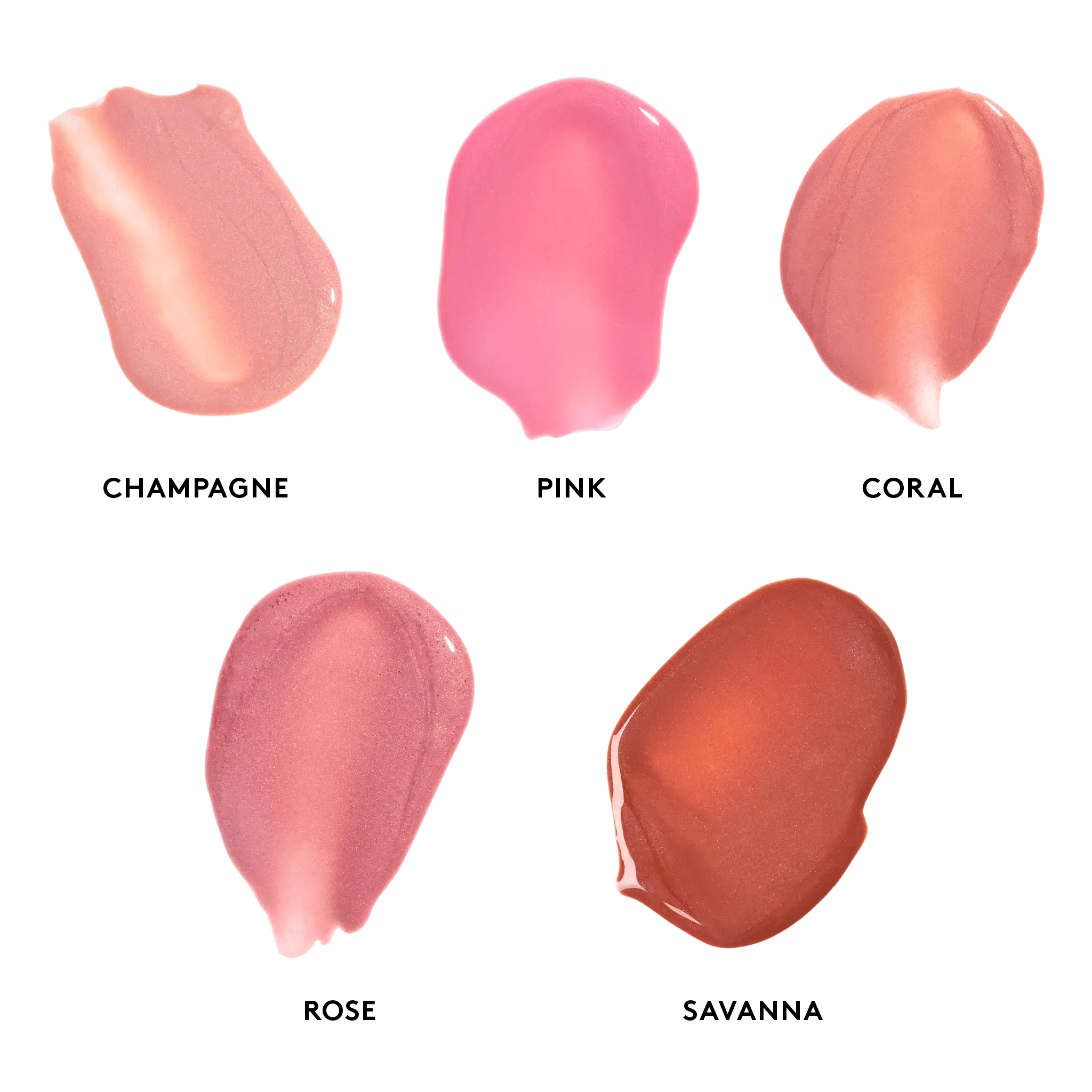Peptide Lip Shine SPF 30 swatches left to right: Champagne, Pink, Coral, Rose, Savanna || all