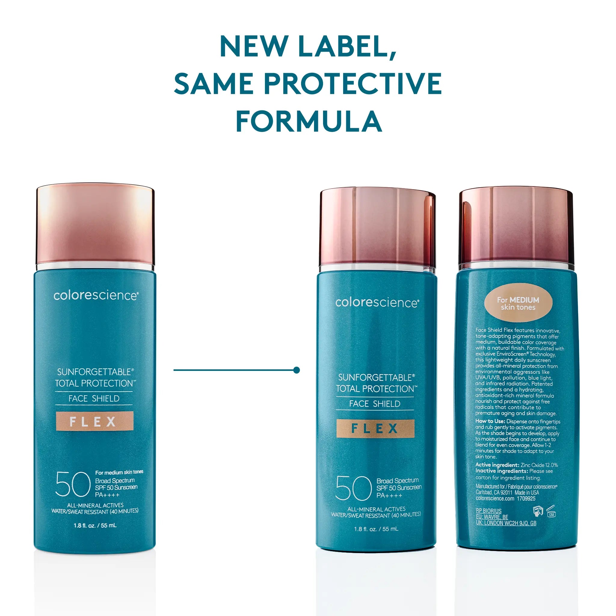 new label, same protective formula Sunforgettable® Total Protection™ Face Shield Flex SPF 50 || all